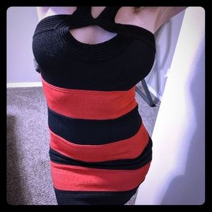 Bebe Red/Black Striped Bodycon Dress M